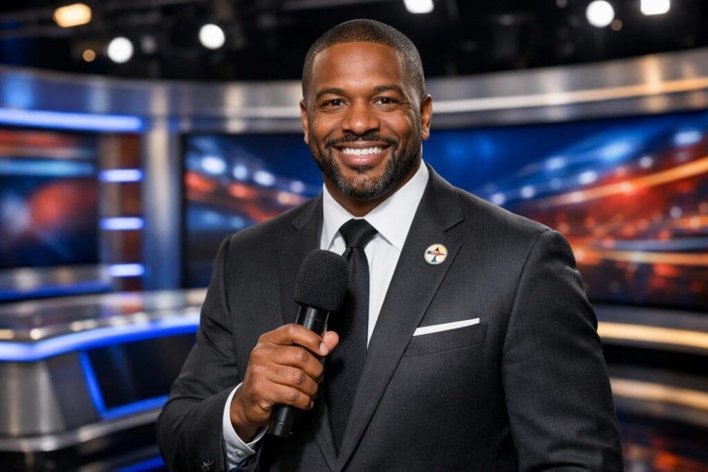 An African American male sports host in a suit standing in a modern television studio, smiling and holding a microphone.
