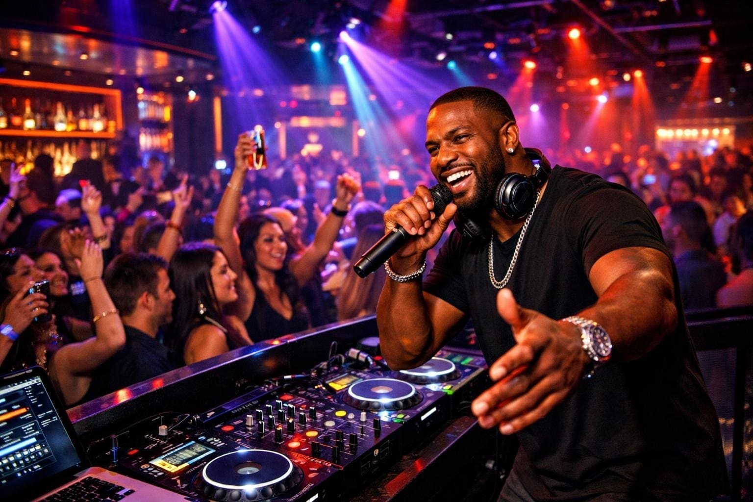 A lively nightclub scene with a male host engaging an excited crowd under colorful lights.