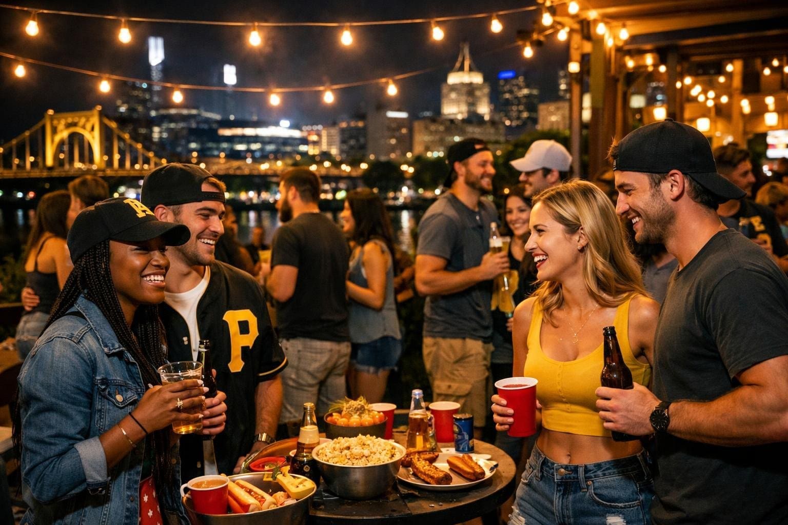 A group of people enjoying an outdoor nighttime party near the Pittsburgh cityscape, celebrating with drinks and conversation.