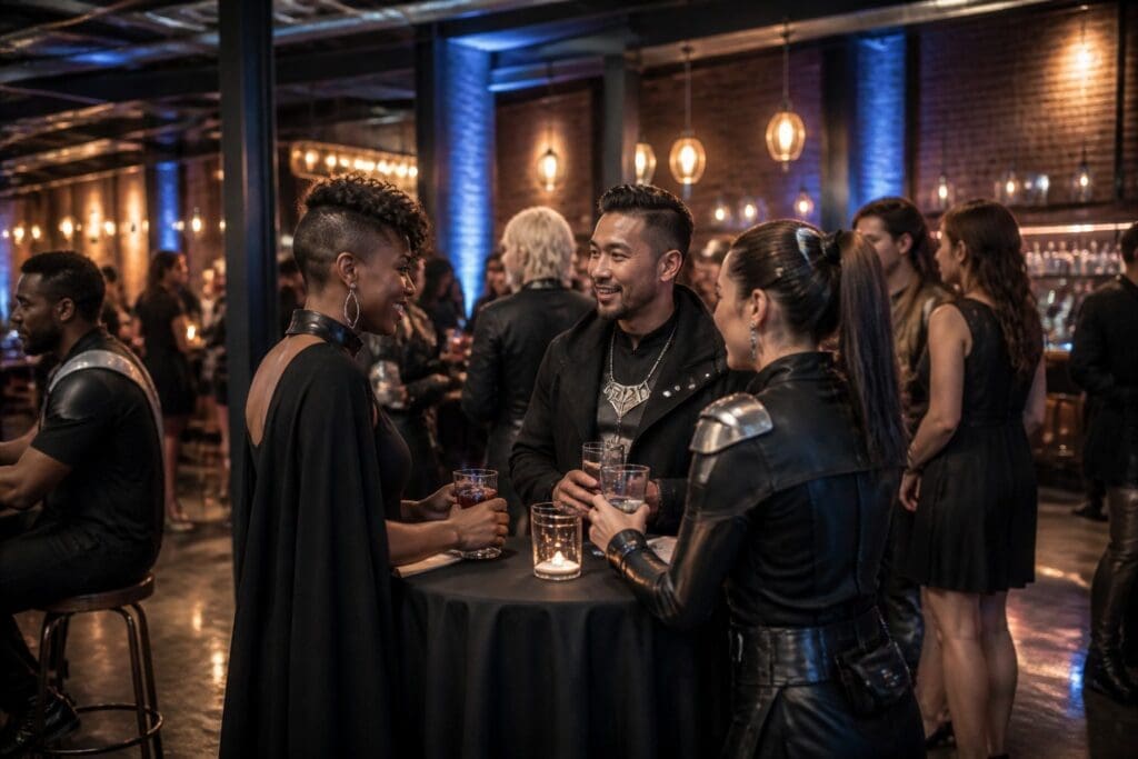 Adults mingle and celebrate at a stylish industrial-themed convention afterparty.