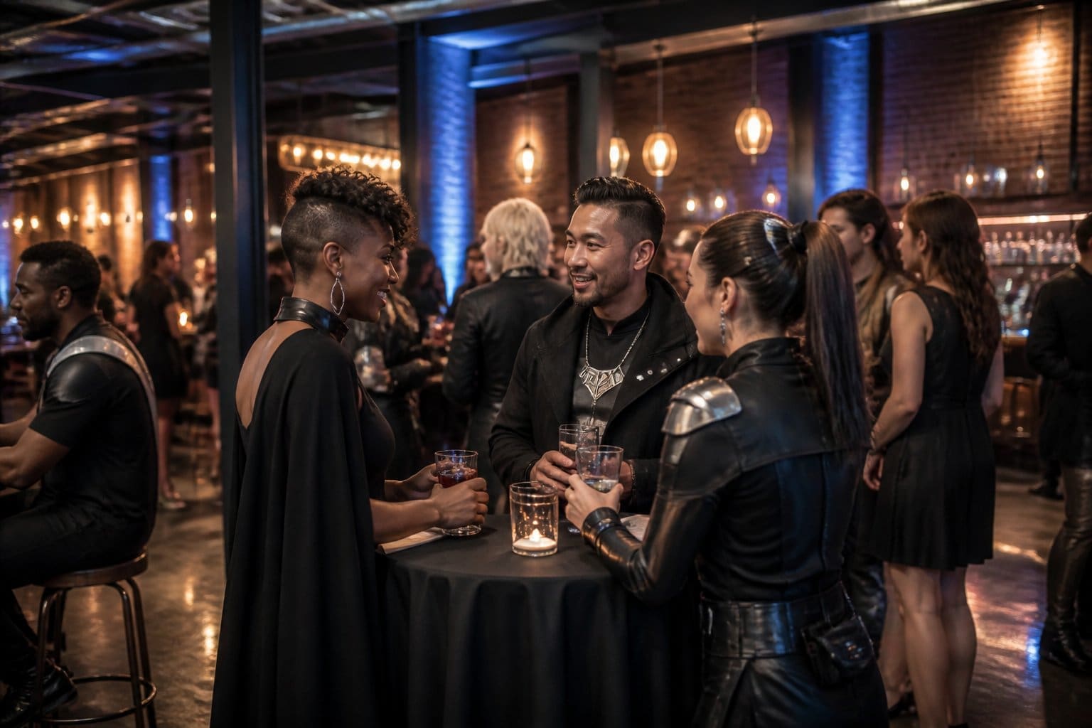 Adults mingle and celebrate at a stylish industrial-themed convention afterparty.