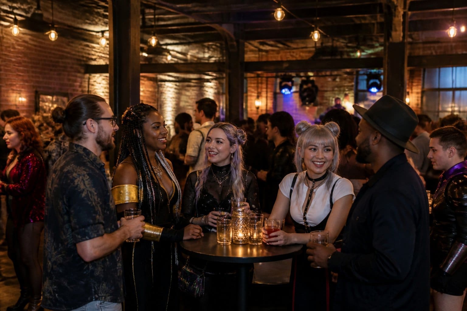 Adults mingle at a lively afterparty in an industrial-style venue after a convention.