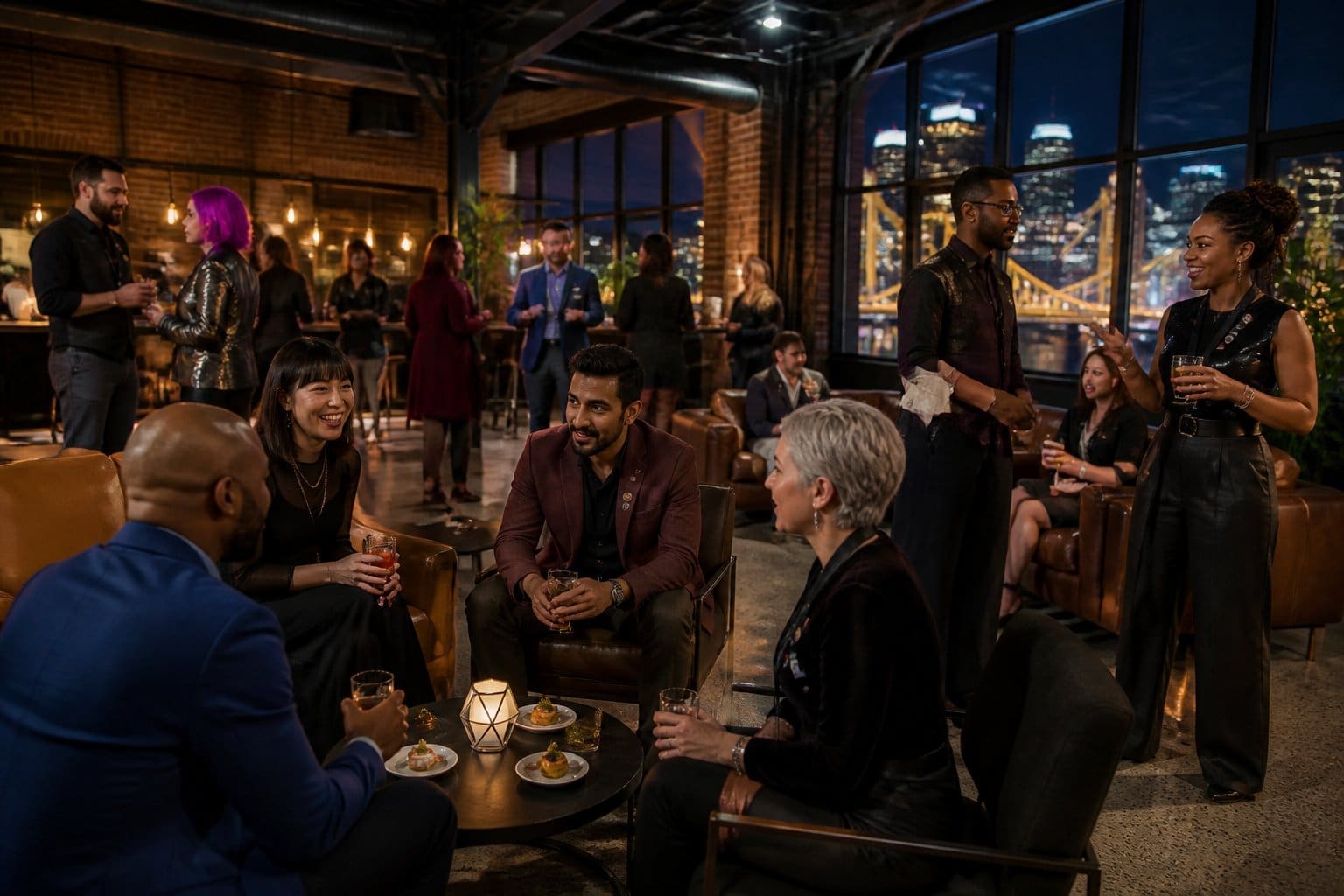 A diverse group of adults socializes at an elegant industrial-style afterparty venue with drinks and appetizers.